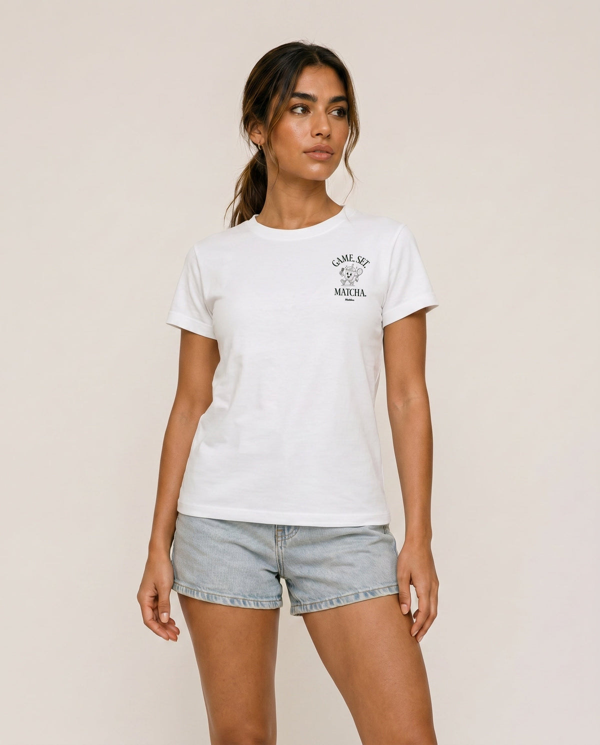 White crewneck T-shirt front view with small chest logo graphic