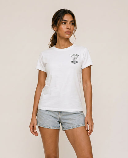 White crewneck T-shirt front view with small chest logo graphic