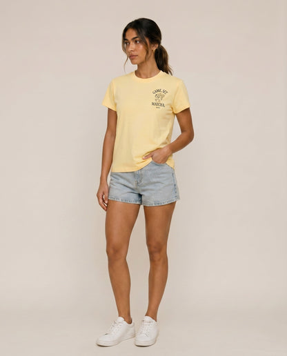 Yellow crewneck T-shirt with small chest logo graphic, short sleeves