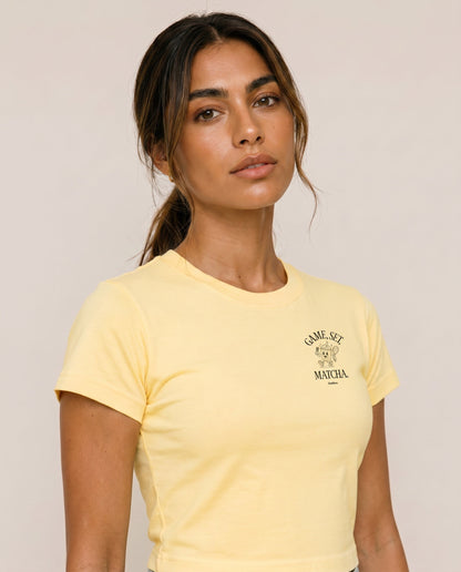 Yellow crewneck T-shirt with chest logo print, short sleeves