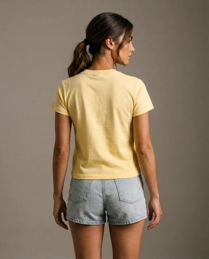 Yellow crewneck T-shirt back view, short sleeves