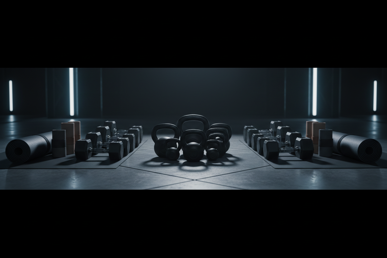 High-impact hero banner for GymBum UK. Focus on gym equipment layout: kettlebells, dumbbells, resistance bands, mats, or home gym essentials. Clean, modern fitness studio with moody cinematic lighting. Items arranged symmetrically with strong shadows for a premium aesthetic. Slight depth of field, matte textures, crisp metallic reflections. Minimal, sleek, wide ratio e-commerce banner, no text, no logos.