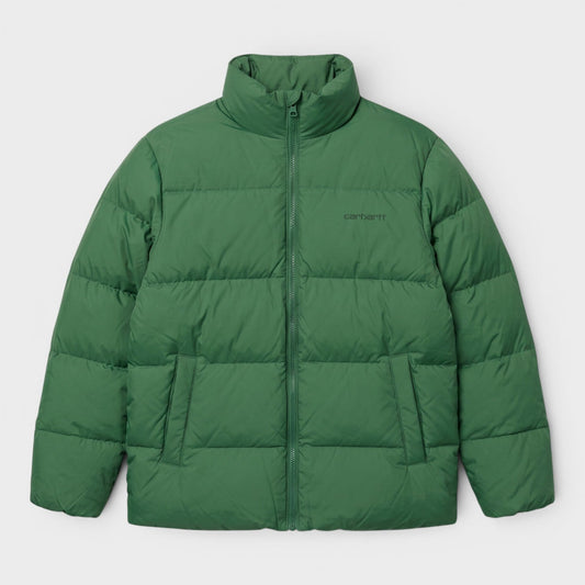 Green puffer jacket with high neck, full-zip front and quilted baffles