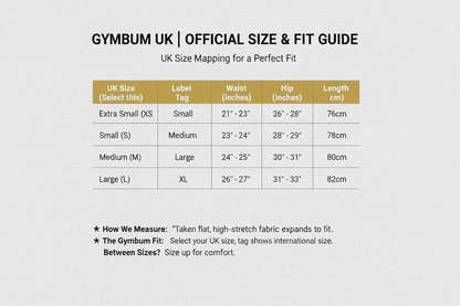 Gymbum UK size and fit guide on a white background