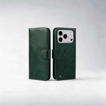 Leather-look wallet phone case, green folio with side fold and phone back cutout