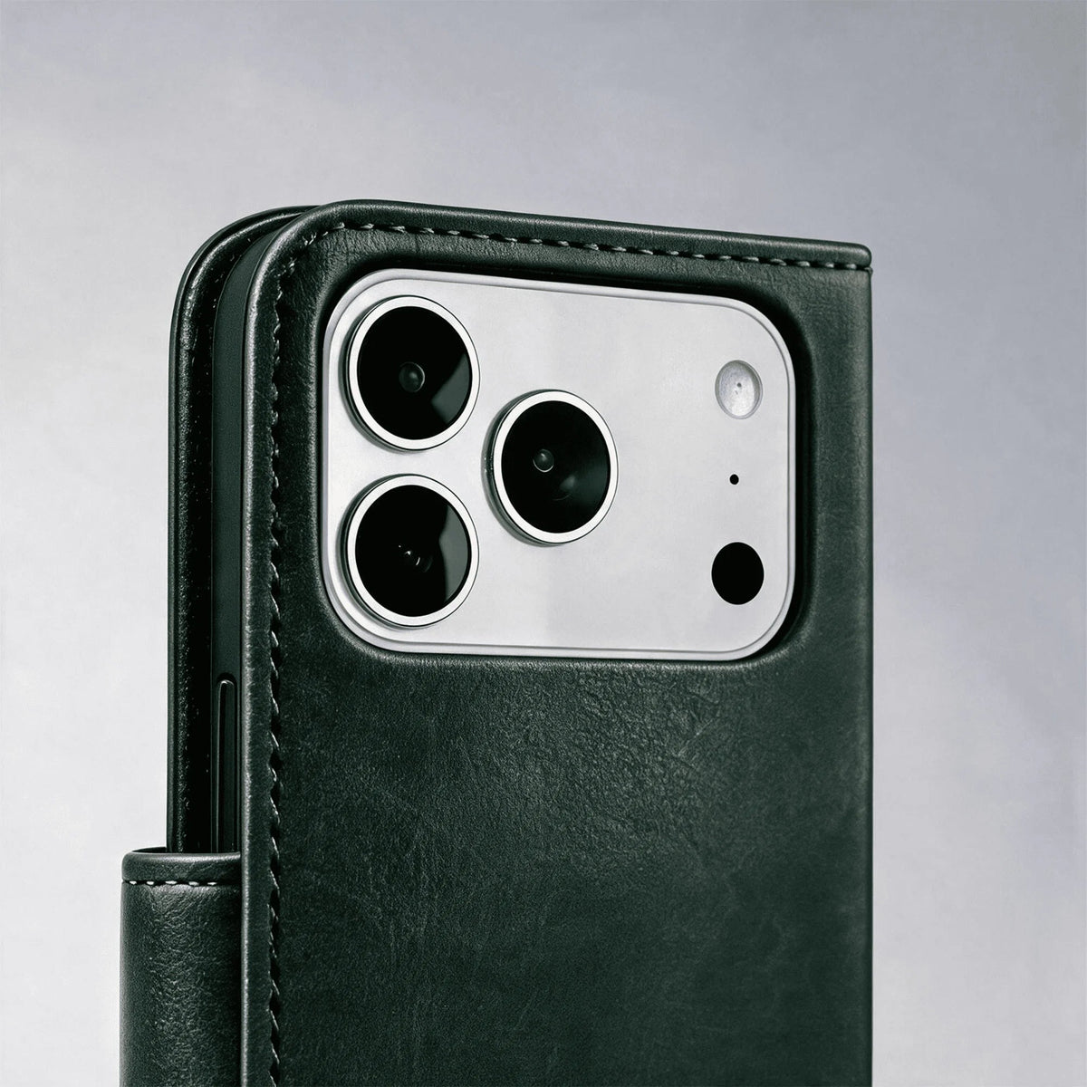 Leather-look wallet phone case, green back cover with camera cutouts and strap loop