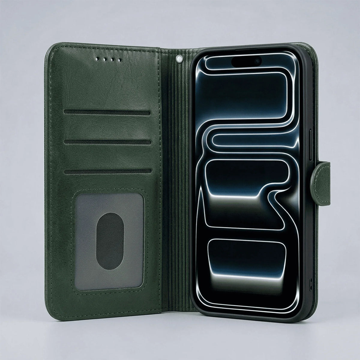Leather-look wallet phone case, dark green folio open to reveal card slots