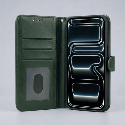 Leather-look wallet phone case, dark green folio open to reveal card slots