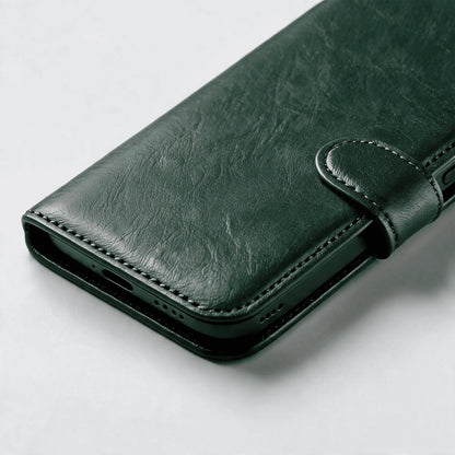Leather-look wallet phone case, dark green folio with snap strap and stitched trim