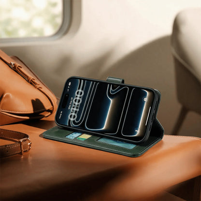 Green leather-look wallet phone case with flip cover and card slots for iPhone