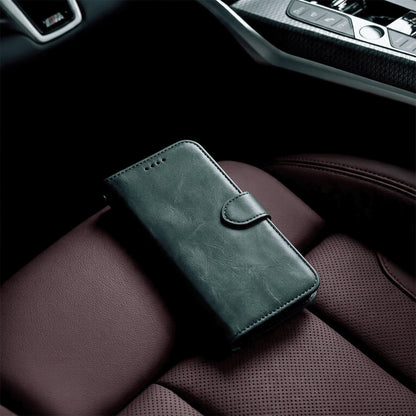 Dark green leather-look wallet phone case with flip cover and single tab closure