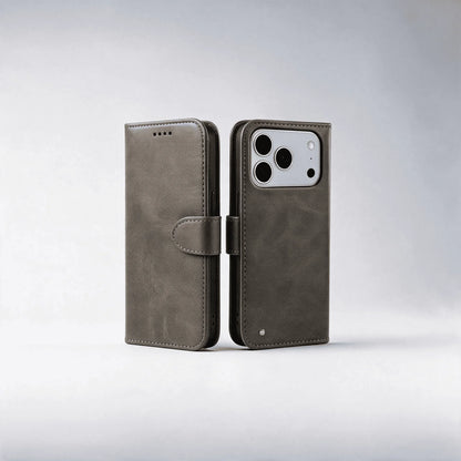 Gray leather-look wallet phone case with flip cover and card holder slot.