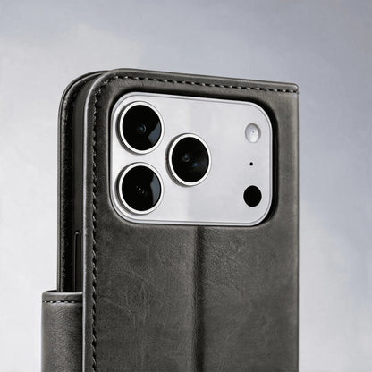 Gray leather-look phone case close-up with camera cutout and stitched edges.