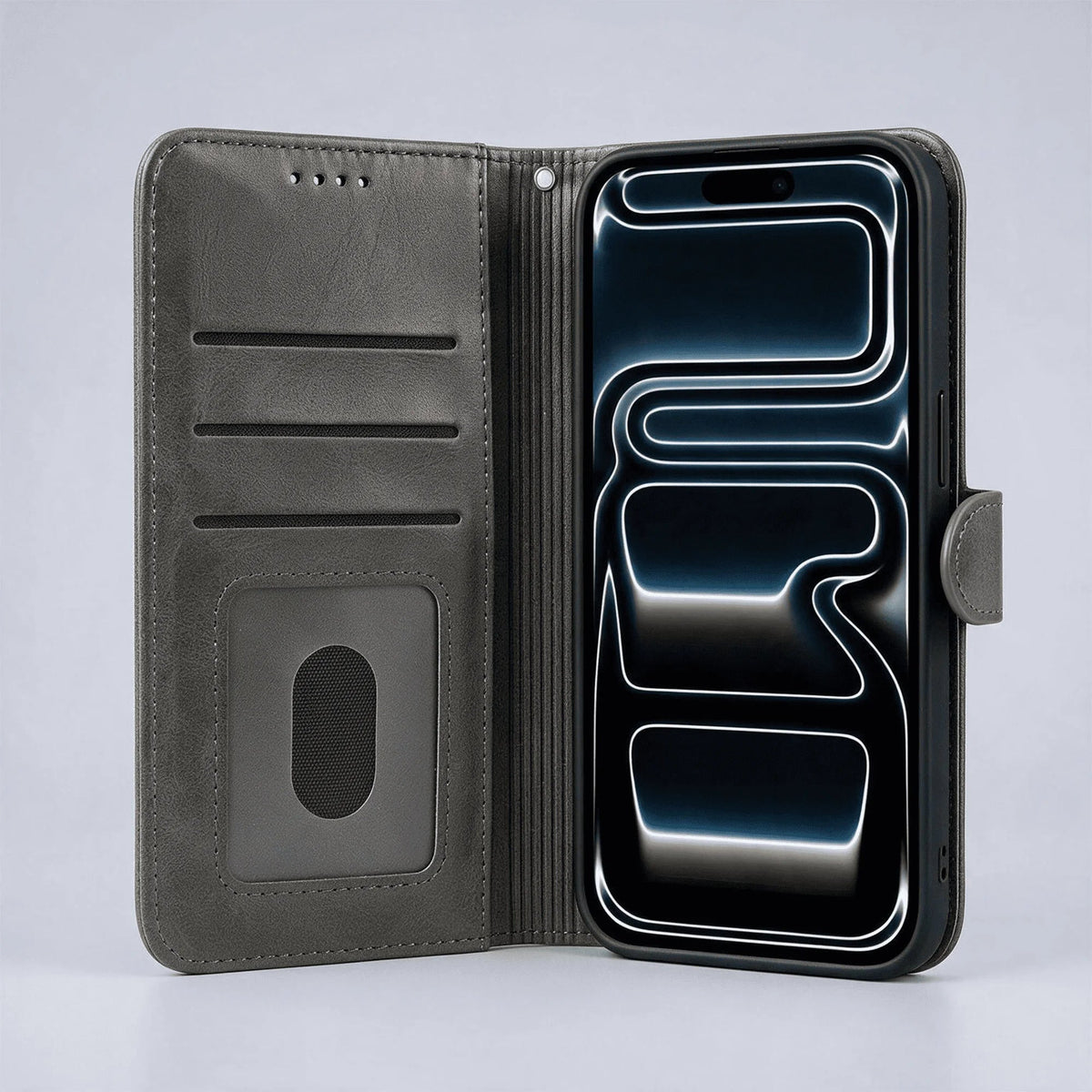 Leather-look wallet phone case, dark green folio with card slots and magnetic flap