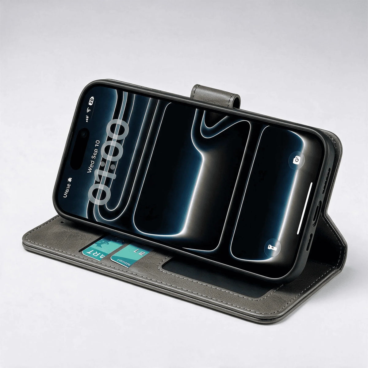Leather-look wallet phone case, grey folio with stand position and card slots