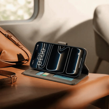 Leather-look wallet phone case, tan folio with fold-over cover and card window