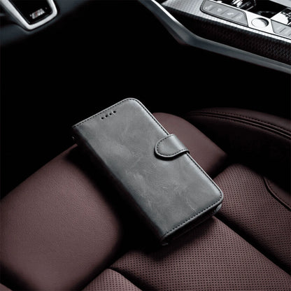 Leather-look wallet phone case, grey folio with magnetic strap and card slots