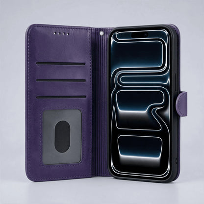 Purple leather-look wallet phone case with flip cover, card pocket, and cutout for iPhone