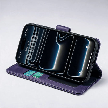 Purple leather-look wallet phone case holding a phone in landscape view