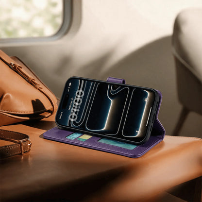 Purple leather-look wallet phone case with phone display and card slot panel