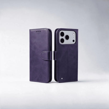 Purple leather-look wallet phone case with flip cover and center buckle