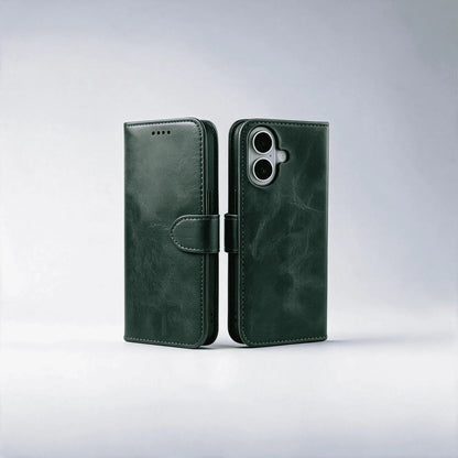 Green leather-look phone wallet case with fold-over magnetic cover and camera cutout