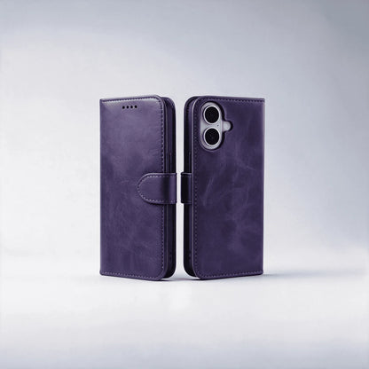 Purple leather-look wallet phone case with flip cover and side camera cutout