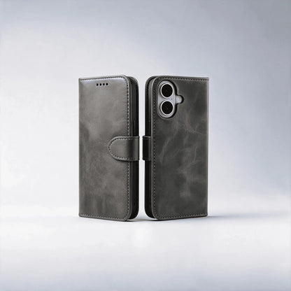 Gray leather-look wallet phone case with flip cover and front card holder