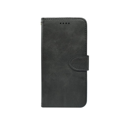 Leather-look wallet phone case, dark gray, with foldover flap and stitched strap