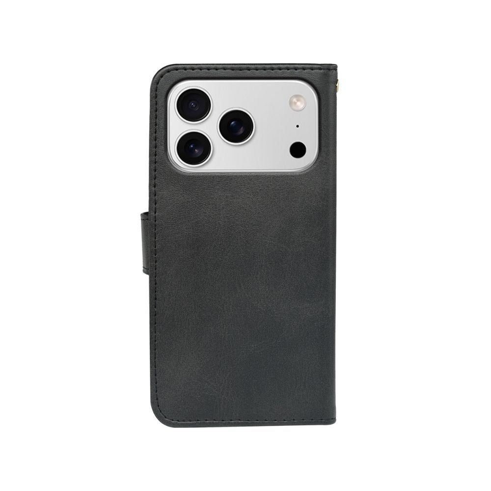 Leather-look wallet phone case, dark gray, with built-in card slot and side access
