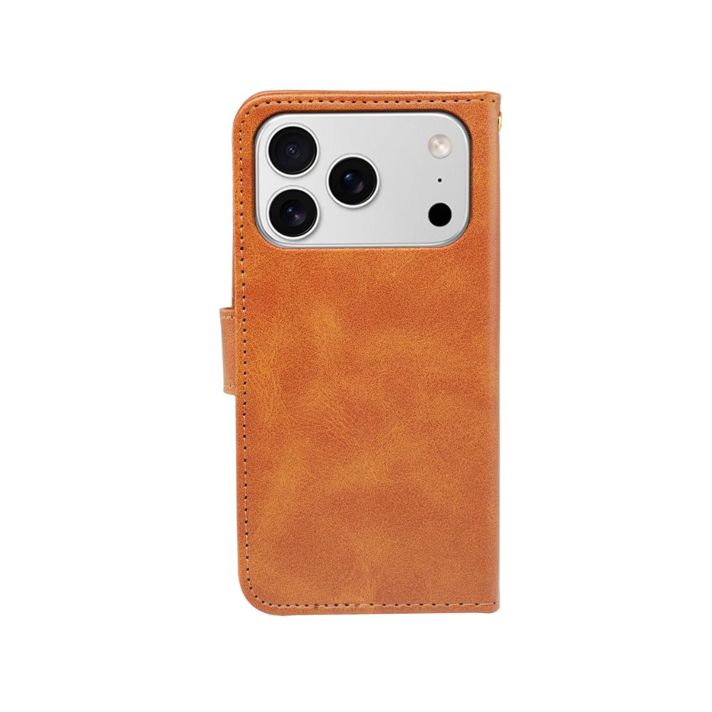 Leather-look wallet case for iPhone in tan, front cover with phone camera cutout