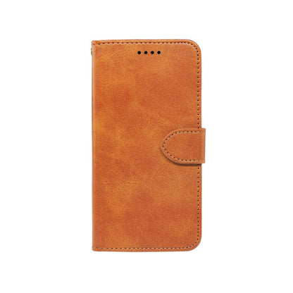 Leather-look wallet case for iPhone in tan, folio front with snap closure and card slot