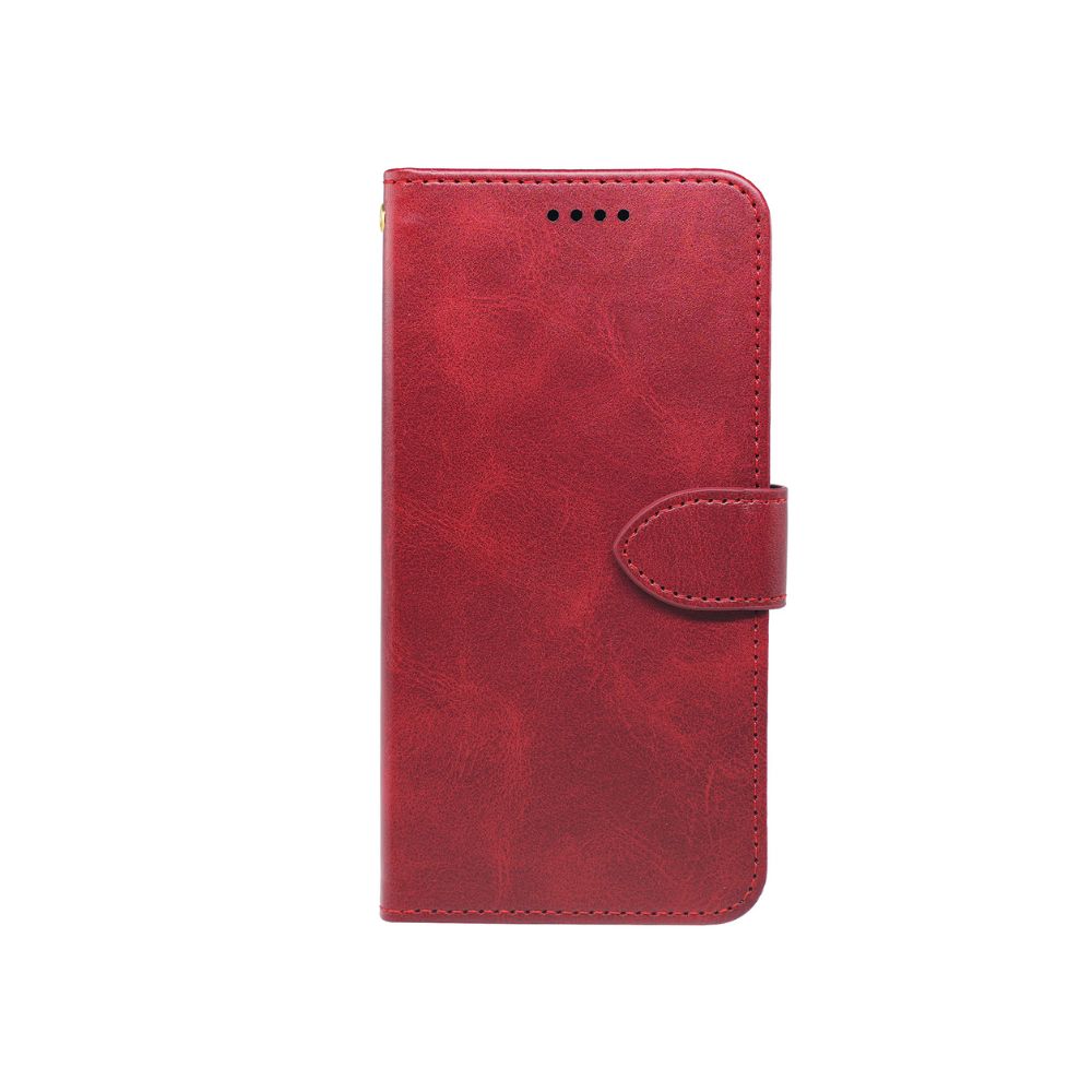 Red leather-look wallet phone case with foldover strap detail and stitched edges