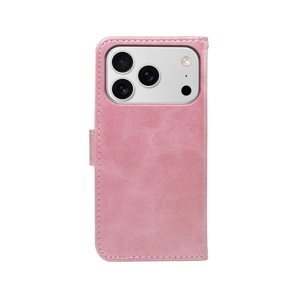 Rose pink leather-look wallet case with camera cutout and stitched edges.