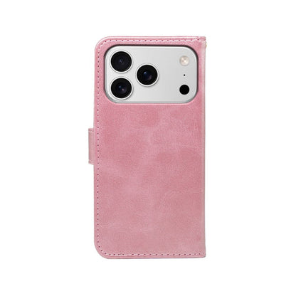 Rose pink leather-look wallet case with camera cutout and stitched edges.