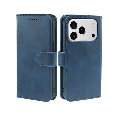 Blue leather-look wallet case, open front and back view with phone protected.