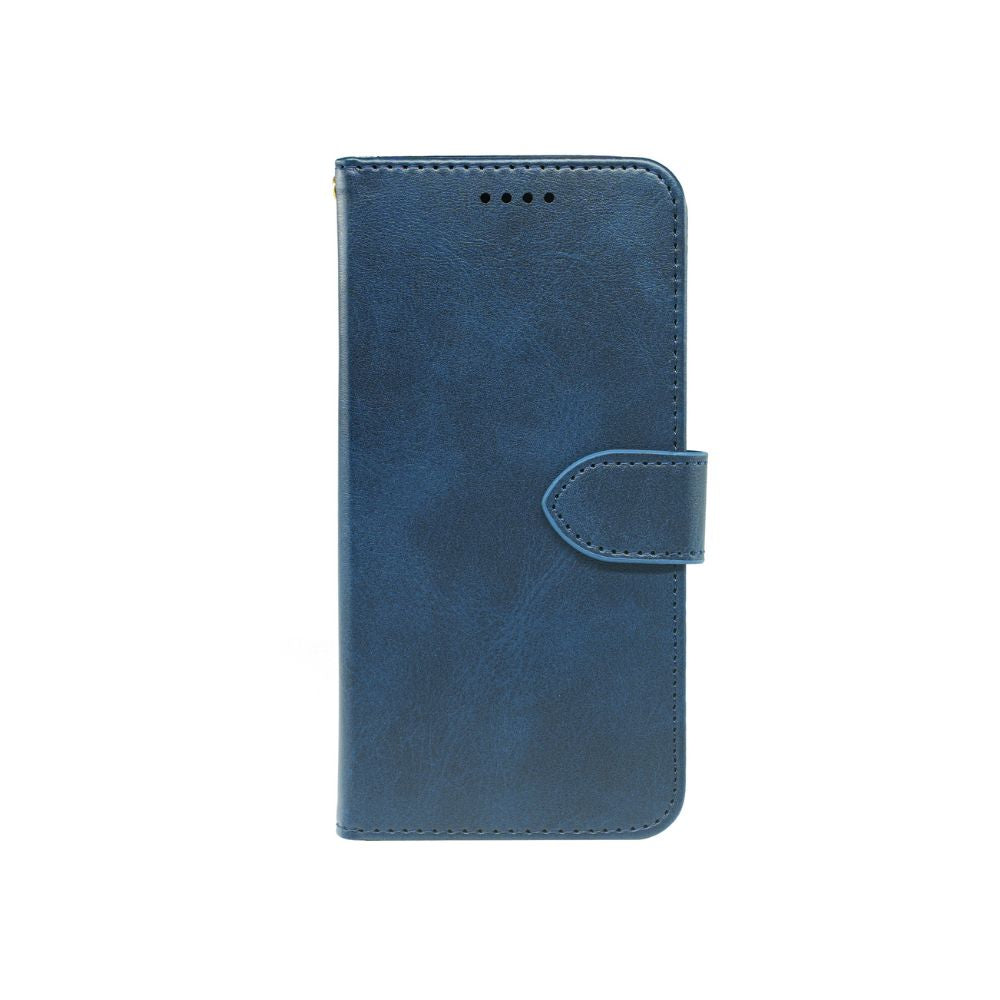Blue leather-look wallet case with flip cover and side strap pocket.
