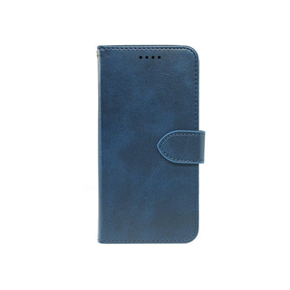 Blue leather-look wallet case with flip cover and side strap pocket.