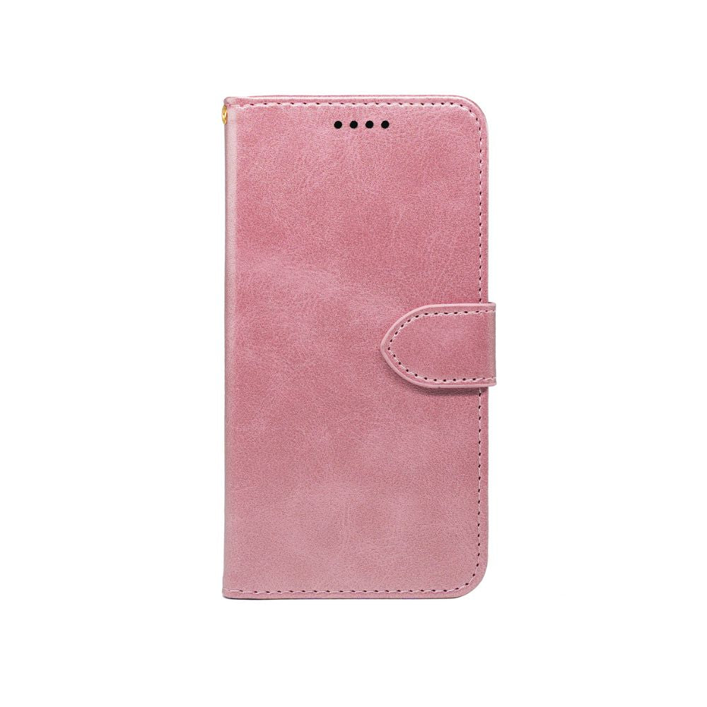Rose pink leather-look wallet case with flip cover and snap strap.