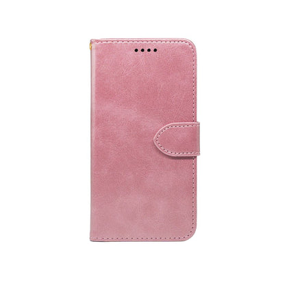 Rose pink leather-look wallet case with flip cover and snap strap.