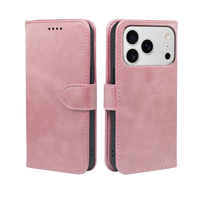 Rose pink leather-look wallet case, open front and back view with phone protected.