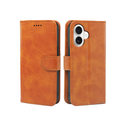 Tan/orange leather-look wallet phone case with flip cover and card slot.
