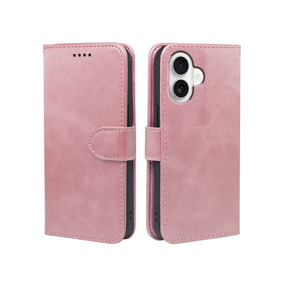 Rose-pink leather-look wallet phone case with flip cover and card slot.