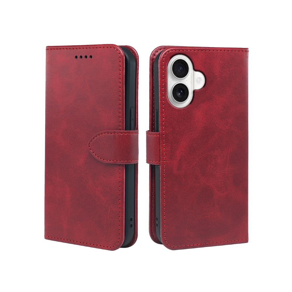 Leather-look wallet case for iPhone in red, two-piece view with card holder flap