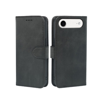 Dark gray leather-look wallet phone case with camera cutout and card slot.