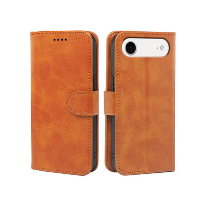 Tan/orange leather-look wallet phone case with camera cutout and card slot.