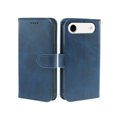 Blue leather-look wallet phone case with camera cutout and card slot.