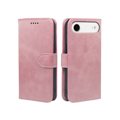 Rose-pink leather-look wallet phone case with camera cutout and card slot.