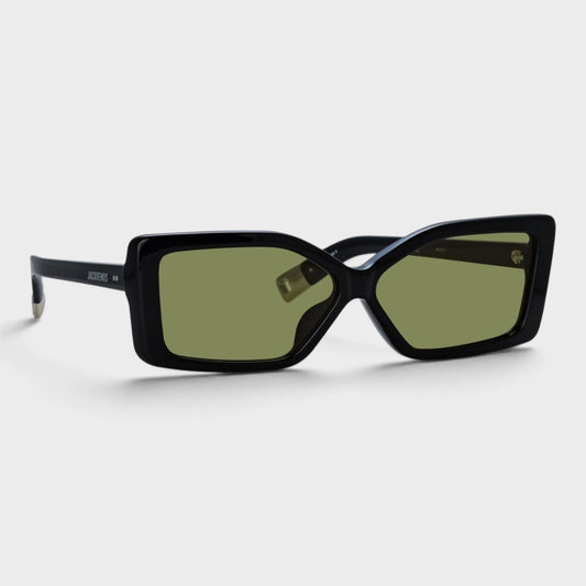 Black sunglasses with olive green lenses and squared rectangular frames