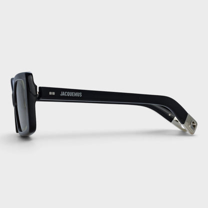 Black sunglasses side view with metal hinge and temple logo